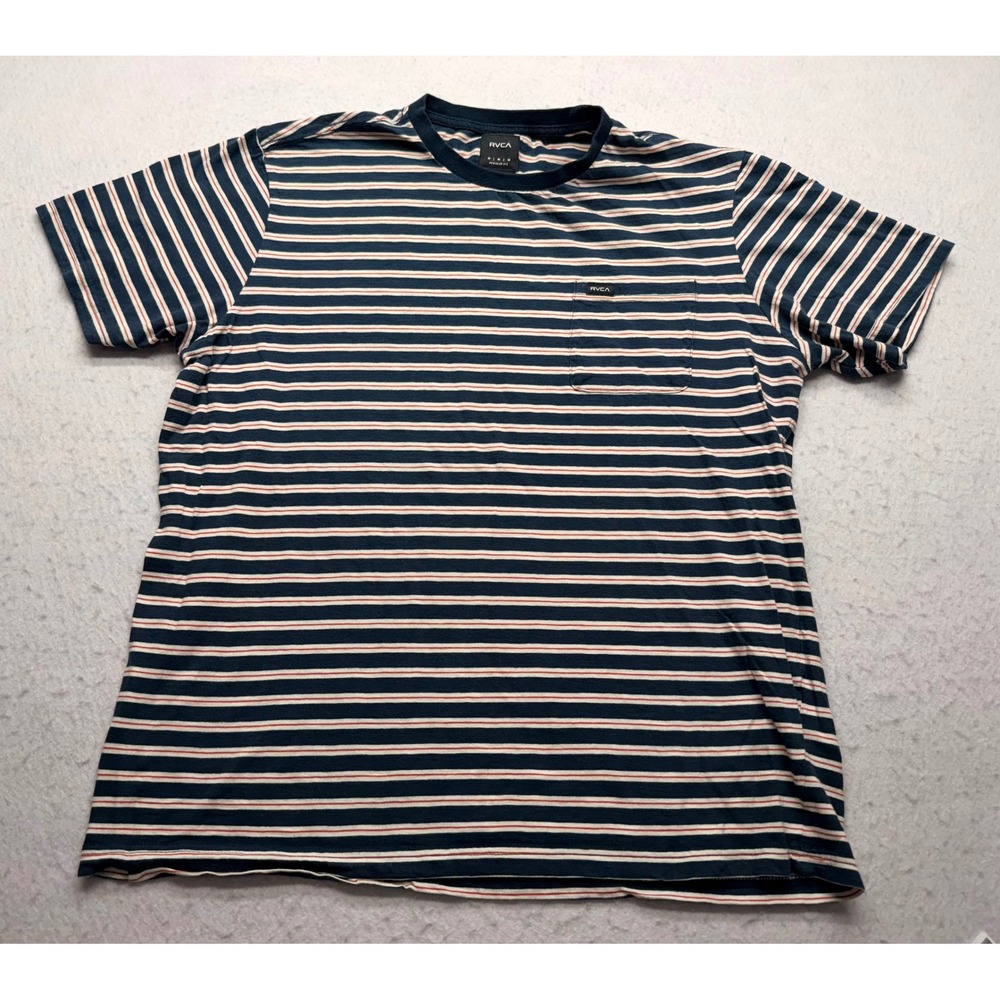 RVCA Mens Medium Regular Fit Striped Pocket T-Shirt Navy Blue Orange White